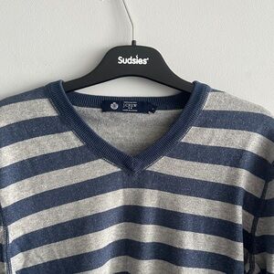 J. Crew Men's V-Neck Cotton Sweater - Navy and Gray Stripes Size SMALL